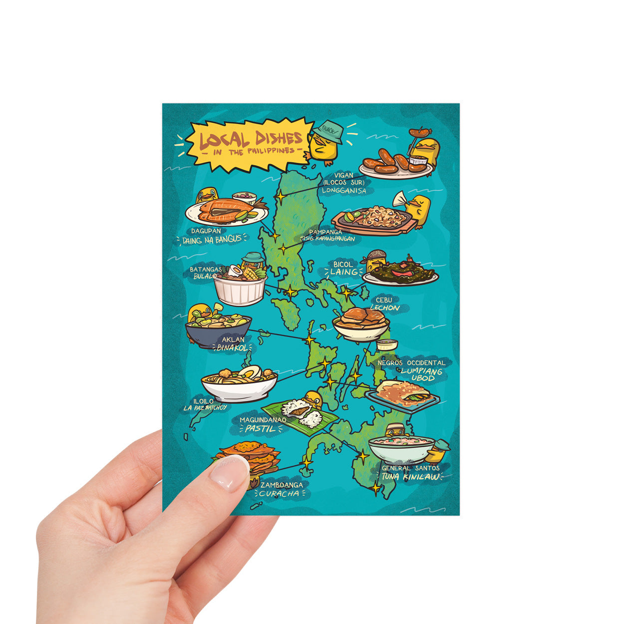 wall decoration food map Location pinoy Manila Cebu Lechon cuisine wall decoration decor gift idea Air bnb hotel Tourist business hostel informative Bicol Lumpiang Ubod La Paz Batchoy snailmail postcrossing PHL Post Office actual size postage stamp duck character