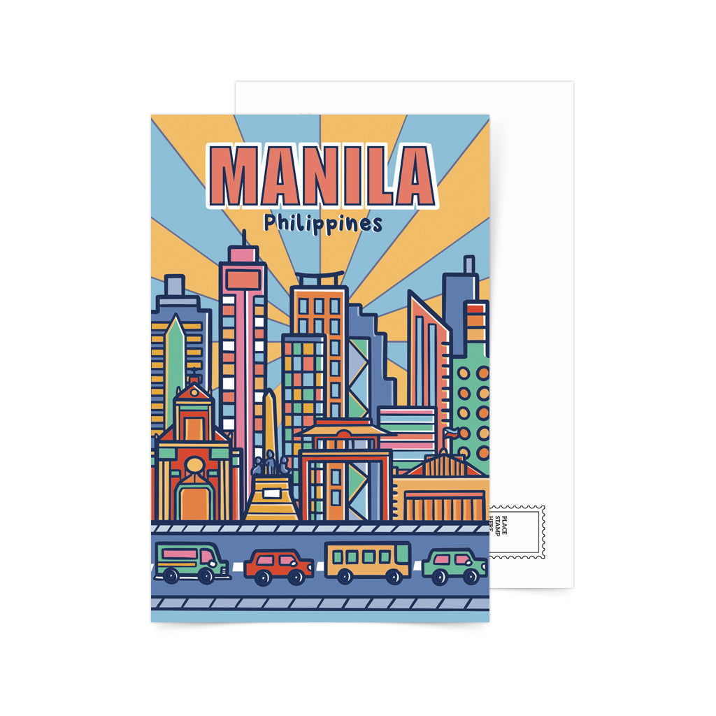 Metro Manila, Skyscrapers, traffic, souvenir, card, design, vintage, cute