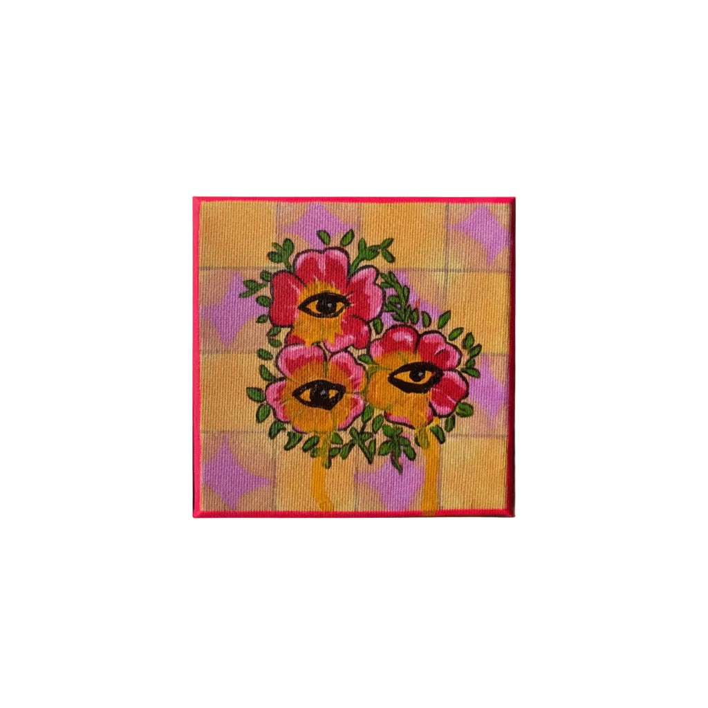 Original Artworks, Dumaguete city, Dumaguete artist, Acrilic on Canvas, micra 2026, flawors, gift, nature, eyes, pink, Yellow, small square, size 4x4, 
