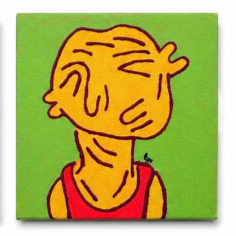 Original artwork, Dumaguete City, Negros Oriental, Philippines, Filipino artist, painted canvas, mini artwork, authentic, wall decor, gift, colorful art, creative artwork, tourist art, Pinspired Art Gallery, MICRA Art Show, cartoon characters, expressive faces, vibrant colors, orange, green, red, teal, playful portraits, contemporary Filipino art.