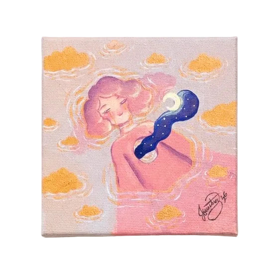 Original artwork, Dumaguete City, Negros Oriental, Philippines, Filipino artist, acrylic, canvas, mini artwork, authentic, wall decor, gift, nature art, creative, tourist, Pinspired Art Gallery, MICRA Art Show, pink cloud, moon, rain