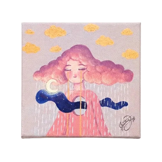 Original artwork, Dumaguete City, Negros Oriental, Philippines, Filipino artist, acrylic, canvas, mini artwork, authentic, wall decor, gift, nature art, creative, tourist, Pinspired Art Gallery, MICRA Art Show, pink cloud, moon, rain