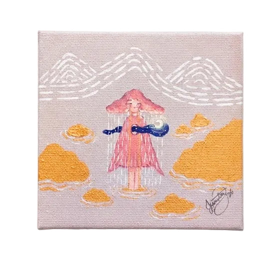 Original artwork, Dumaguete City, Negros Oriental, Philippines, Filipino artist, acrylic, canvas, mini artwork, authentic, wall decor, gift, nature art, creative, tourist, Pinspired Art Gallery, MICRA Art Show, pink cloud, moon, rain