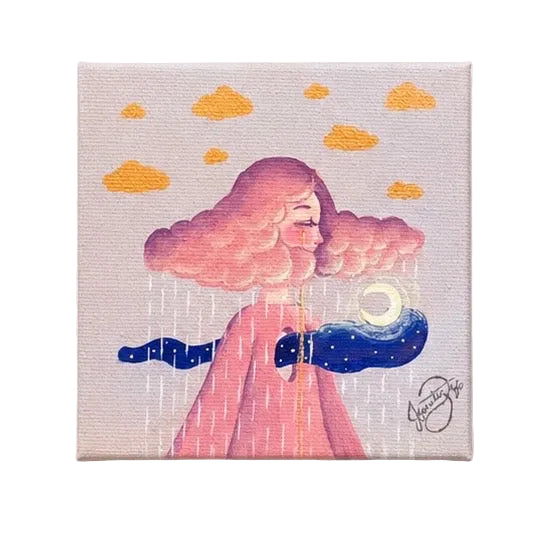 Original artwork, Dumaguete City, Negros Oriental, Philippines, Filipino artist, acrylic, canvas, mini artwork, authentic, wall decor, gift, nature art, creative, tourist, Pinspired Art Gallery, MICRA Art Show, pink cloud, moon, rain