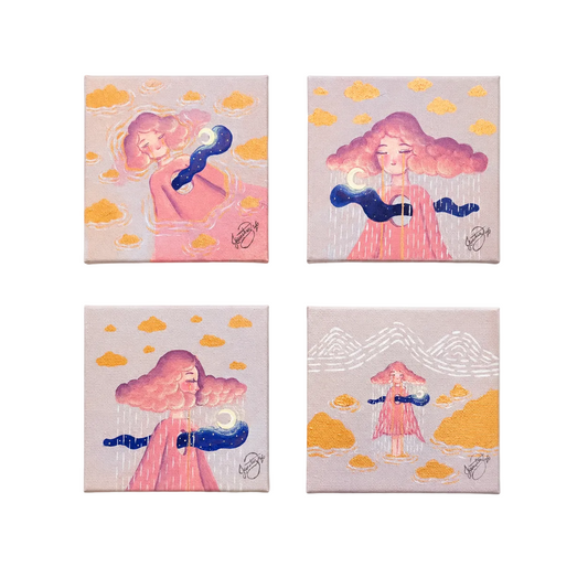 Original artwork, Dumaguete City, Negros Oriental, Philippines, Filipino artist, acrylic, canvas, mini artwork, authentic, wall decor, gift, nature art, creative, tourist, Pinspired Art Gallery, MICRA Art Show, pink cloud, moon, rain