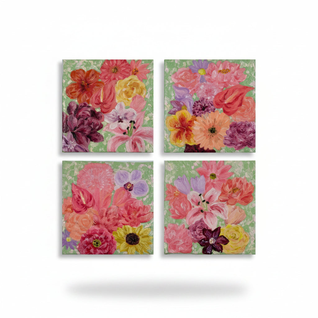 Original artwork, Dumaguete City, Dumaguete artist, Micra, flowers, floral, pink, green, Yellow, mini artwork, miniature, nature, 4x4 size, 