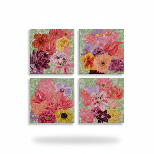 Original artwork, Dumaguete City, Dumaguete artist, Micra, flowers, floral, pink, green, Yellow, mini artwork, miniature, nature, 4x4 size, 
