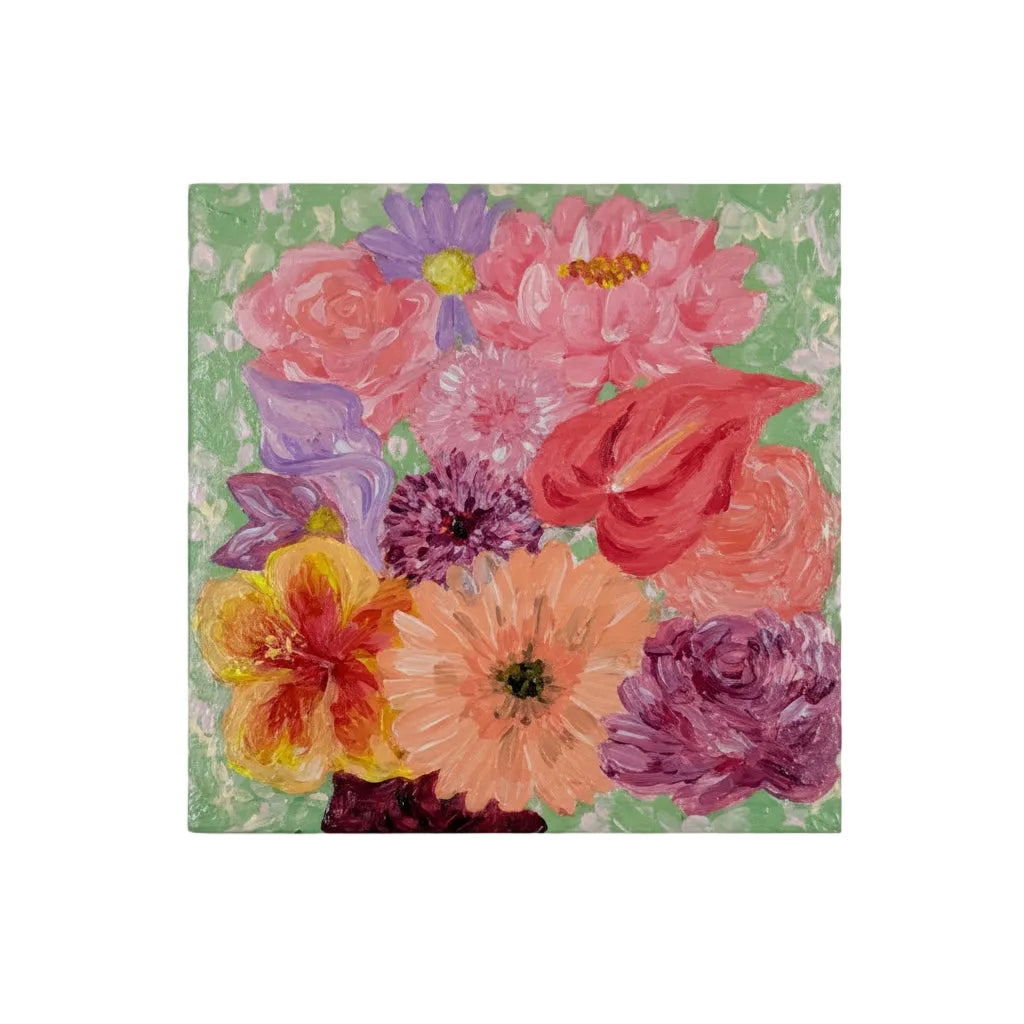Original artwork, Dumaguete City, Dumaguete artist, Micra, flowers, floral, pink, green, Yellow, mini artwork, miniature, nature, 4x4 size, 
