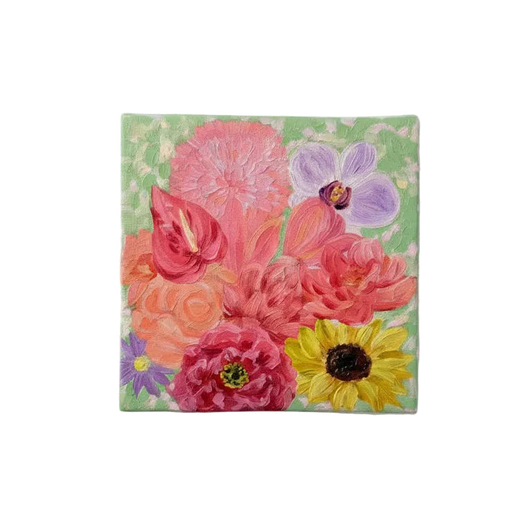 Original artwork, Dumaguete City, Dumaguete artist, Micra, flowers, floral, pink, green, Yellow, mini artwork, miniature, nature, 4x4 size, 