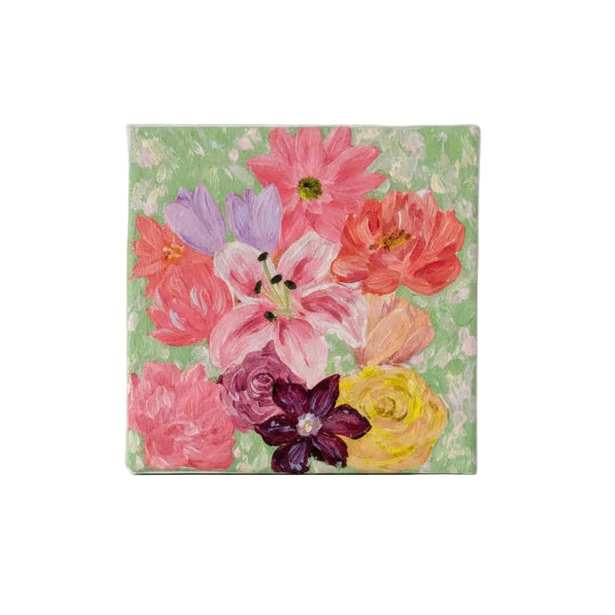 Original artwork, Dumaguete City, Dumaguete artist, Micra, flowers, floral, pink, green, Yellow, mini artwork, miniature, nature, 4x4 size, 