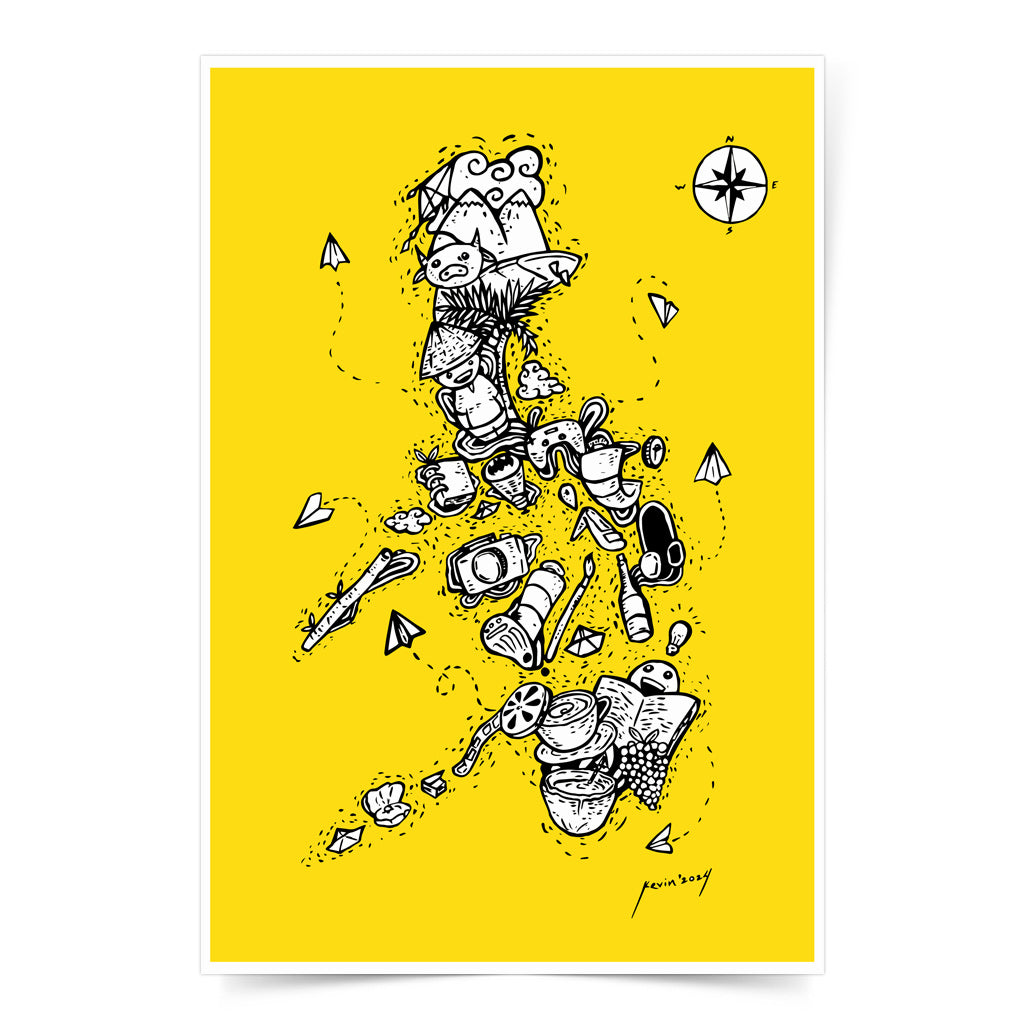 Wall decor decoration Yellow Citrus Artwork Art piecePH Map Doodle Drawing Hand Drawn Illustration Art Artsy Style Dumaguete city Artist Pinspired Art Souvenirs Yellow Black and White