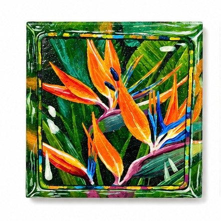 Original artwork, Dumaguete City, Negros Oriental, Philippines, Filipino artist, Rxndr, botanical art, tropical plants, floral artwork, canvas, mixed-media style, authentic, wall decor, gift, nature art, creative, tourist, Pinspired Art Gallery, MICRA Art Show, Plantas Pequeñas, bird of paradise, banana plant, tropical flowers, pink ginger flower, purple flower, geometric patterns, vibrant green, orange, pink, purple, colorful nature.