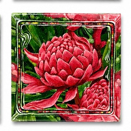 Original artwork, Dumaguete City, Negros Oriental, Philippines, Filipino artist, Rxndr, botanical art, tropical plants, floral artwork, canvas, mixed-media style, authentic, wall decor, gift, nature art, creative, tourist, Pinspired Art Gallery, MICRA Art Show, Plantas Pequeñas, bird of paradise, banana plant, tropical flowers, pink ginger flower, purple flower, geometric patterns, vibrant green, orange, pink, purple, colorful nature.