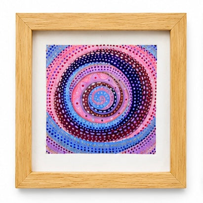 Original artwork, Trina Montenegro, Dumaguete City, Negros Oriental, Philippines, Filipino artist, abstract art, patterned artwork, colorful painting, framed mini artwork, authentic, wall decor, gift, contemporary art, dotted patterns, spiral designs, flowing lines, circles, blue, pink, green, red, orange, Pinspired Art Gallery, MICRA Art Show.
