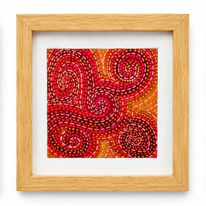 Original artwork, Trina Montenegro, Dumaguete City, Negros Oriental, Philippines, Filipino artist, abstract art, patterned artwork, colorful painting, framed mini artwork, authentic, wall decor, gift, contemporary art, dotted patterns, spiral designs, flowing lines, circles, blue, pink, green, red, orange, Pinspired Art Gallery, MICRA Art Show.