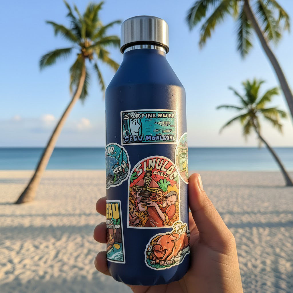 Sinulog, Cebu, Tara na, stickers, Oslob, souvenir, mango, sardine run, sardines, Sugbo, adventure, Island, islands, cute, illustration, art, decorative, Moalboal, lechon, pack, bottle image