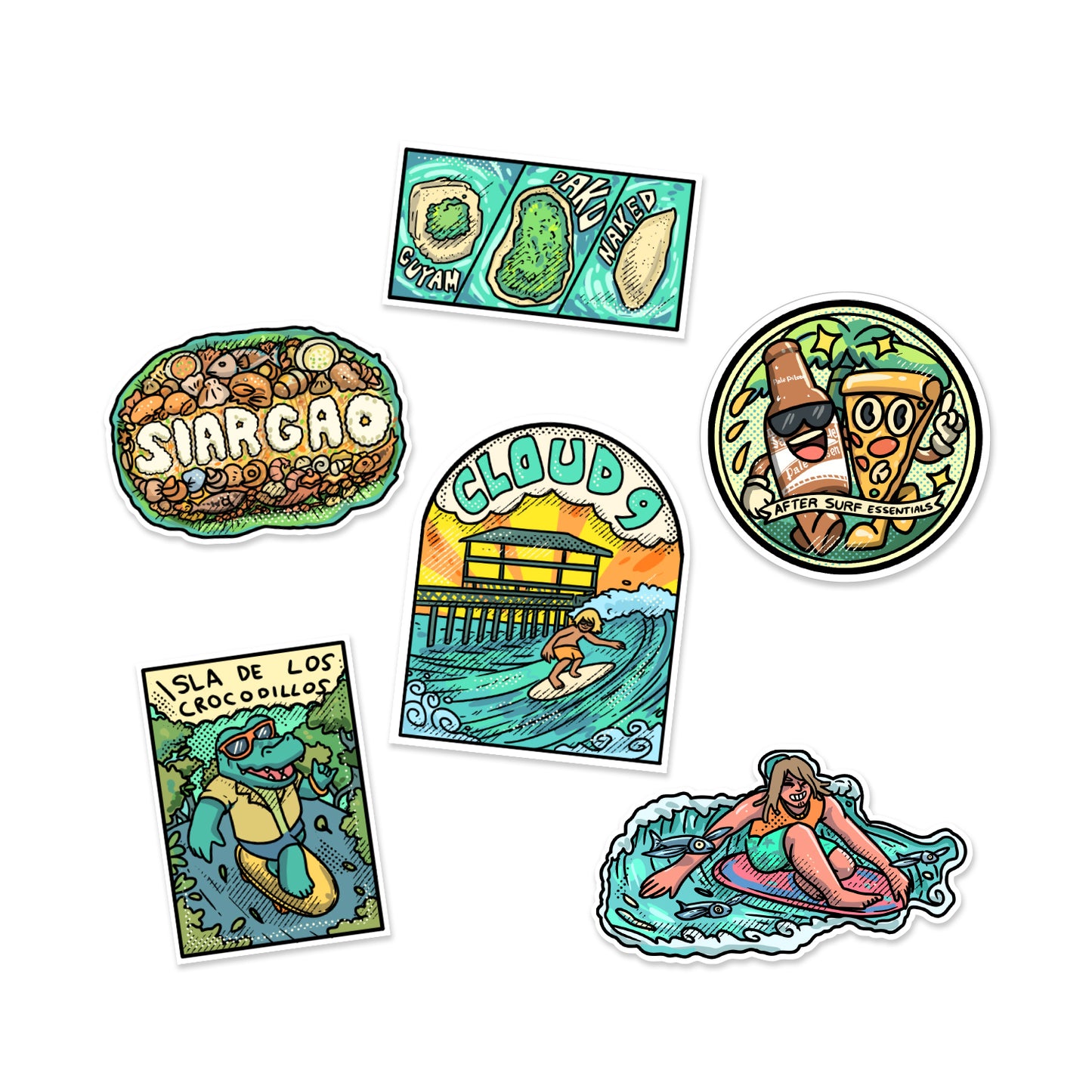 Cloud 9, Surf, Surfing, San Miguel, Isla de los Crocodillos, flying fish, mangrove forest, cute, illustration, art, artsy, souvenir, Surigao del Norte, Island, island vibes, grill fish, stick, sticker pack, creative, gift, gift idea, Philippines, Daku, Naked, Guyam, Island hopping, waterproof, colorful