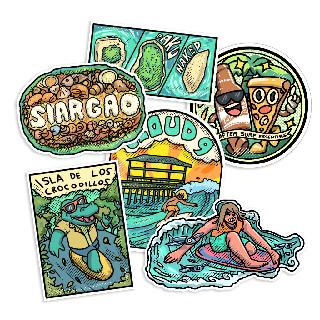 Cloud 9, Surf, Surfing, San Miguel, Isla de los Crocodillos, flying fish, mangrove forest, cute, illustration, art, artsy, souvenir, Surigao del Norte, Island, island vibes, grill fish, stick, sticker pack, creative, gift, gift idea, Philippines, Daku, Naked, Guyam, Island hopping, waterproof, colorful
