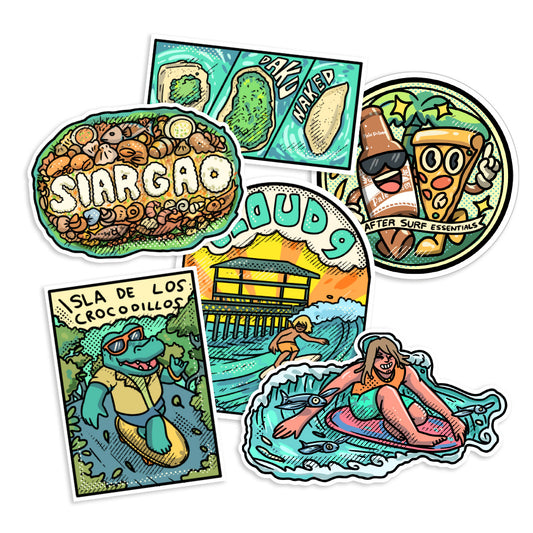 Cloud 9, Surf, Surfing, San Miguel, Isla de los Crocodillos, flying fish, mangrove forest, cute, illustration, art, artsy, souvenir, Surigao del Norte, Island, island vibes, grill fish, stick, sticker pack, creative, gift, gift idea, Philippines, Daku, Naked, Guyam, Island hopping, waterproof, colorful