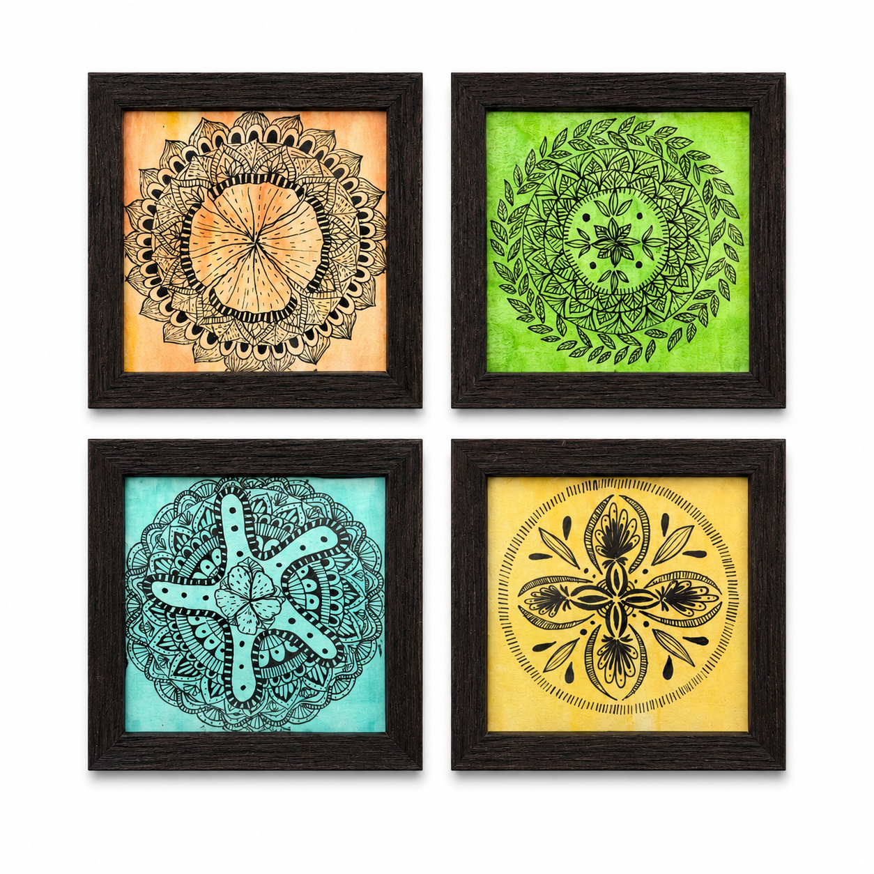 Original artwork, Dumaguete City, Negros Oriental, Philippines, Filipino artist Madeline Roxane, ink art, watercolor, mixed media, framed mini artwork, authentic, wall decor, gift, mandala art, intricate patterns, floral mandala, botanical art, leaves, flowers, nature-inspired art, geometric patterns, orange, green, aqua, yellow, hand-drawn artwork, creative, decorative art, tourist, Pinspired Art Gallery, MICRA Art Show.