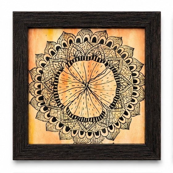 Original artwork, Dumaguete City, Negros Oriental, Philippines, Filipino artist Madeline Roxane, ink art, watercolor, mixed media, framed mini artwork, authentic, wall decor, gift, mandala art, intricate patterns, floral mandala, botanical art, leaves, flowers, nature-inspired art, geometric patterns, orange, green, aqua, yellow, hand-drawn artwork, creative, decorative art, tourist, Pinspired Art Gallery, MICRA Art Show.