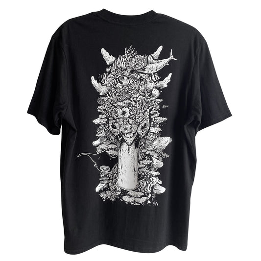 Black and white illustration of coral reef Philippines filipino artist Dumaguete city Dauin Negros Oriental Cotton tshirt Angelo Delos Santos Pen and Ink illustration artwork sea guardian 