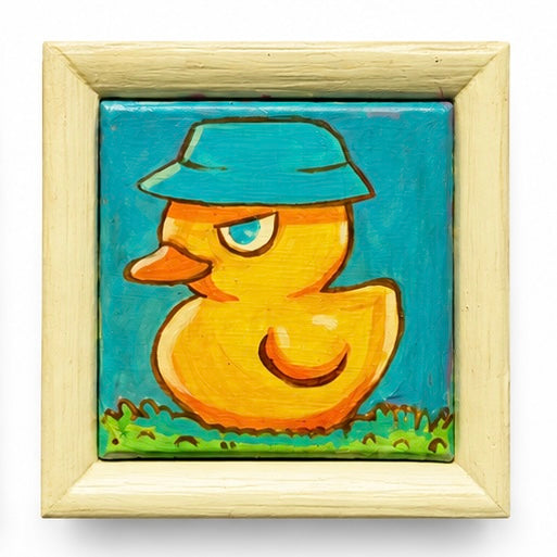 Original artwork, Dumaguete City, Negros Oriental, Philippines, Filipino artist Moshi Dokyo, acrylic on canvas, mini artwork, authentic, wall decor, gift, colorful art, duck art, cartoon duck, yellow duck, playful characters, whimsical art, bold colors, teal blue, orange and yellow, expressive faces, creative, tourist, Pinspired Art Gallery, MICRA Art Show.
