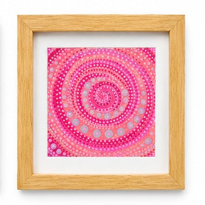 Original artwork, Trina Montenegro, Dumaguete City, Negros Oriental, Philippines, Filipino artist, abstract art, patterned artwork, colorful painting, framed mini artwork, authentic, wall decor, gift, contemporary art, dotted patterns, spiral designs, flowing lines, circles, blue, pink, green, red, orange, Pinspired Art Gallery, MICRA Art Show.
