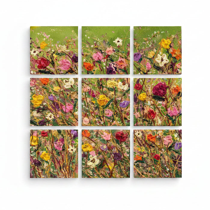 Original Artwork, Dumaguete City, floral, Textured Acrylic, Metallic Accent, Gold accent, Summer, green, red, pink, yellow, white, 