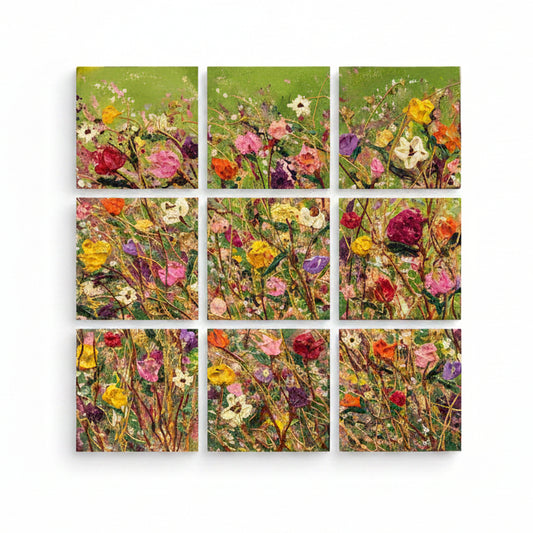 Original Artwork, Dumaguete City, floral, Textured Acrylic, Metallic Accent, Gold accent, Summer, green, red, pink, yellow, white, 