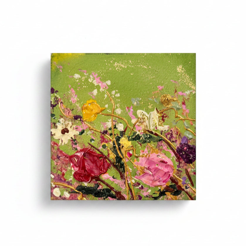 Original Artwork, Dumaguete City, floral, Textured Acrylic, Metallic Accent, Gold accent, Summer, green, red, pink, yellow, white, 