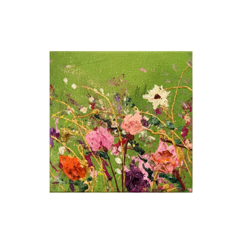 Original Artwork, Dumaguete City, floral, Textured Acrylic, Metallic Accent, Gold accent, Summer, green, red, pink, yellow, white, 