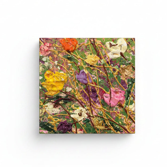 Original Artwork, Dumaguete City, floral, Textured Acrylic, Metallic Accent, Gold accent, Summer, green, red, pink, yellow, white, 