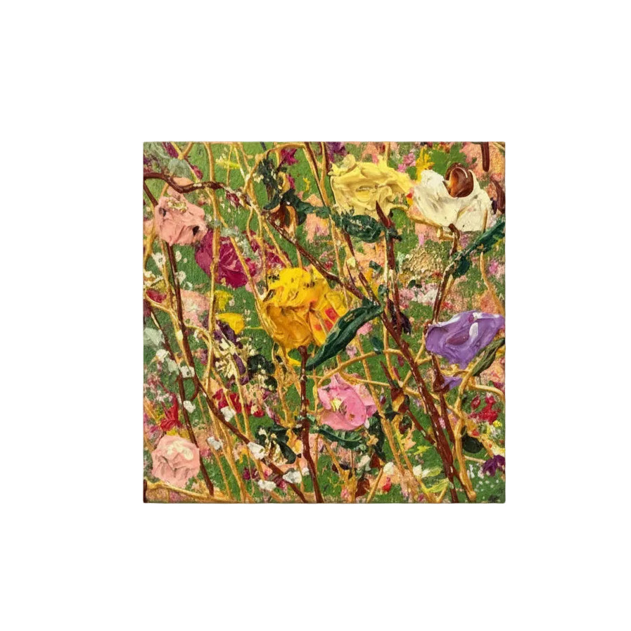Original Artwork, Dumaguete City, floral, Textured Acrylic, Metallic Accent, Gold accent, Summer, green, red, pink, yellow, white, 