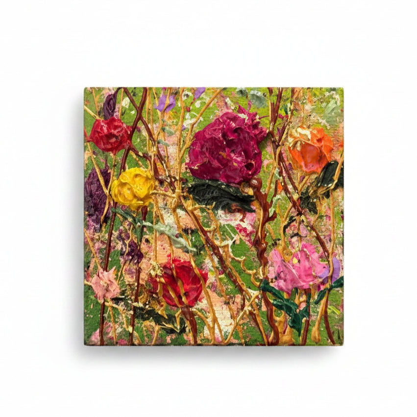 Original Artwork, Dumaguete City, floral, Textured Acrylic, Metallic Accent, Gold accent, Summer, green, red, pink, yellow, white, 