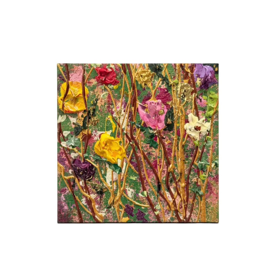 Original Artwork, Dumaguete City, floral, Textured Acrylic, Metallic Accent, Gold accent, Summer, green, red, pink, yellow, white, 