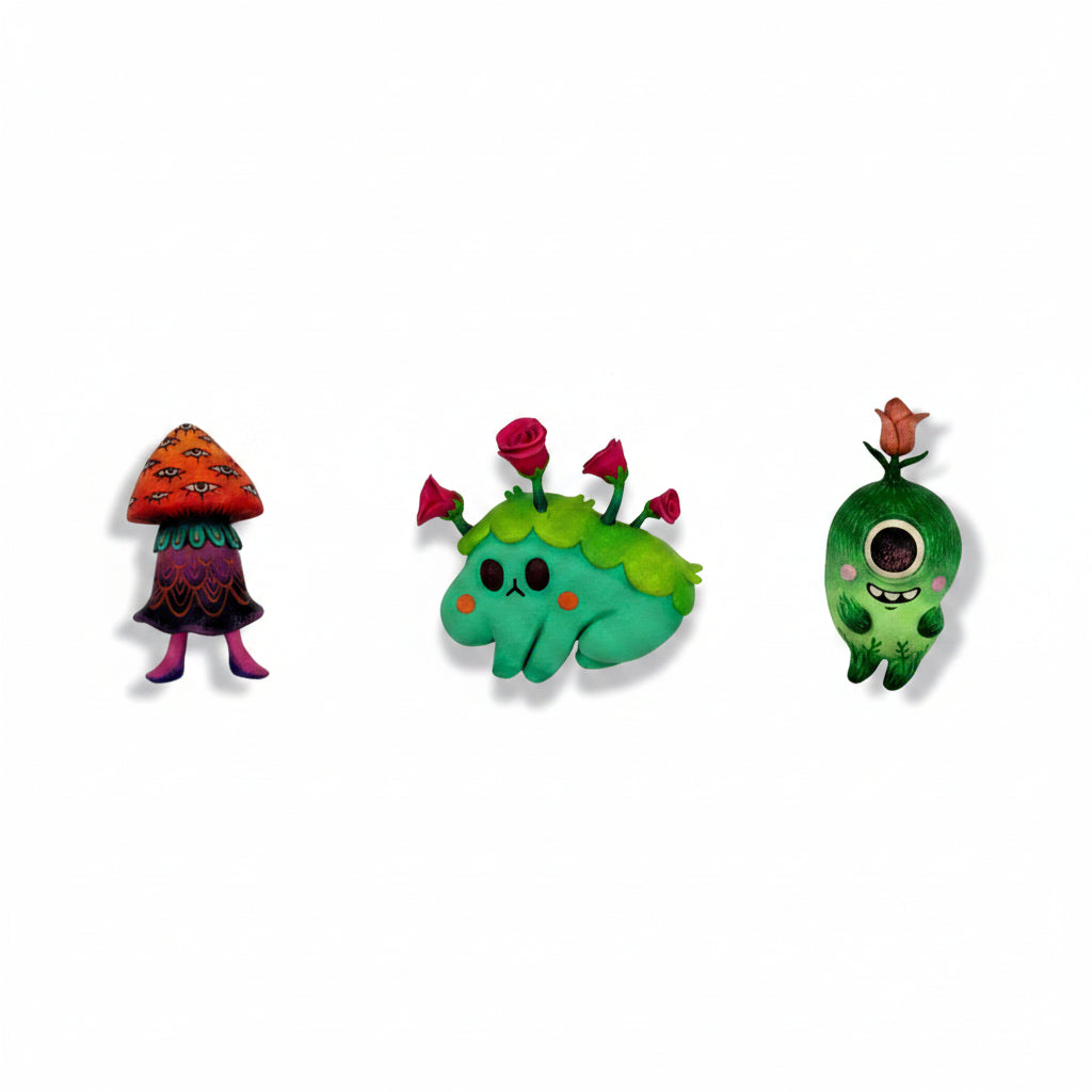 Original artworks, Micra, Air dry clay, Dumaguete City, greens, whimsical creatures, one eye, two eye, more eye, sculpture, floral, rose, mushroom, cute, big eye, cute creatures, 