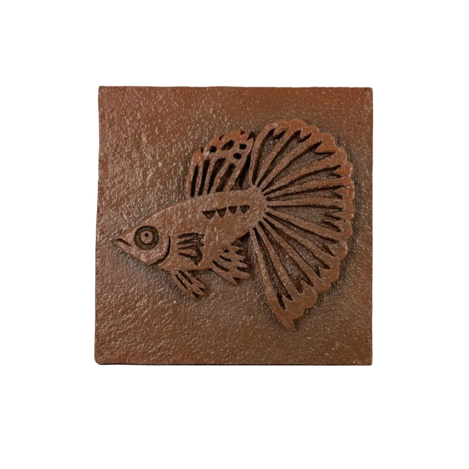 Micra, Dumaguete city, Dumaguete artist, size 4x4, terracotta, brown, water buffalo, gumamela, fish, Earth texture 