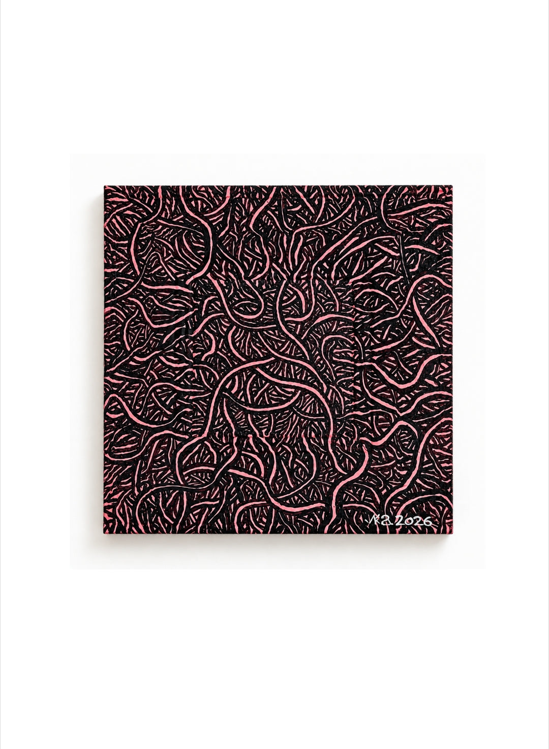 Alta Jia, Original artwork, lines, Micra,size 4x4 art works, Acrilic on panel, painted frame, pink, black and white line 