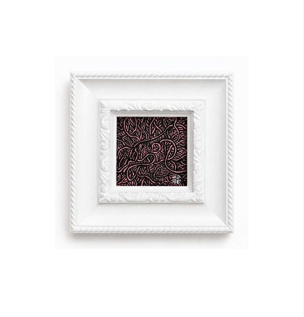 Alta Jia, Original artwork, lines, Micra,size 4x4 art works, Acrilic on panel, painted frame, pink, black and white line 