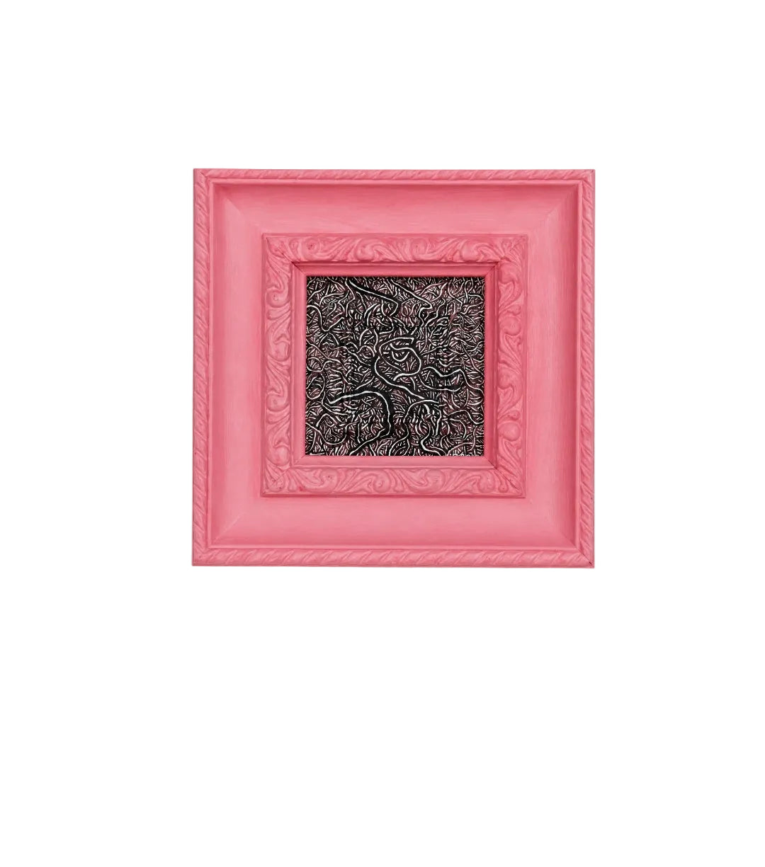 Alta Jia, Original artwork, lines, Micra,size 4x4 art works, Acrilic on panel, painted frame, pink, black and white line 