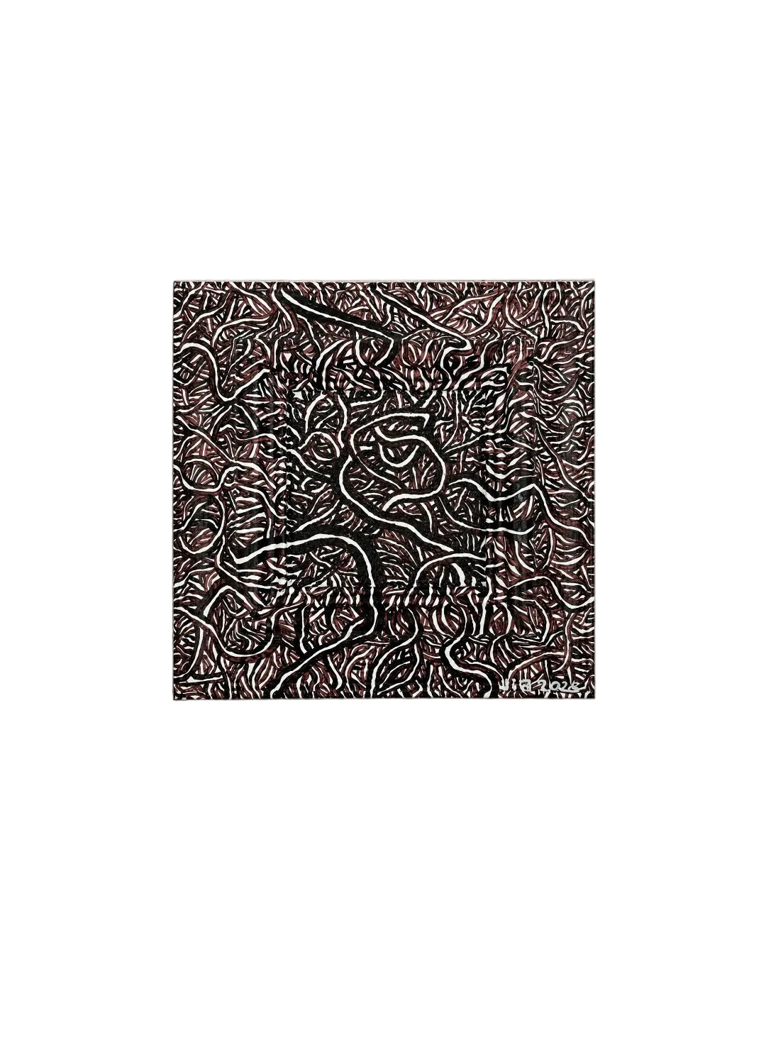 Alta Jia, Original artwork, lines, Micra,size 4x4 art works, Acrilic on panel, painted frame, pink, black and white line 