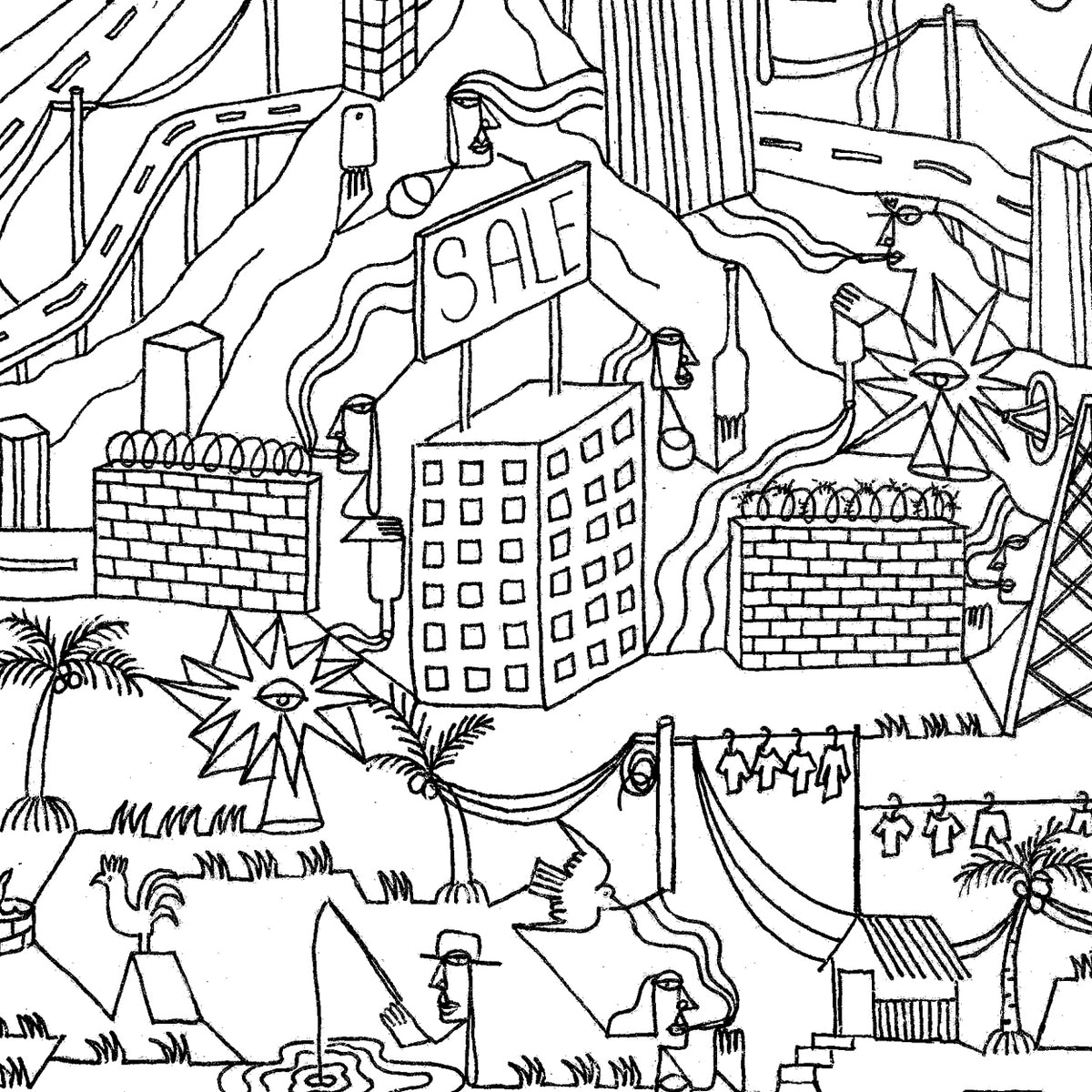 Original artwork by Dyck “Deadlocks”, Dumaguete City, Negros Oriental, Philippines, Filipino artist, ink drawing, line art, illustration, canvas, authentic artwork, abstract art, surreal art, geometric figures, human figures, mountains, houses, flowing water, birds, plants, vases, musical instrument, guitar, eye motifs, sunburst shapes, black and white artwork, intricate details, creative art, wall decor, gift, tourist art, Pinspired Art Gallery, Solo Art Show, close up