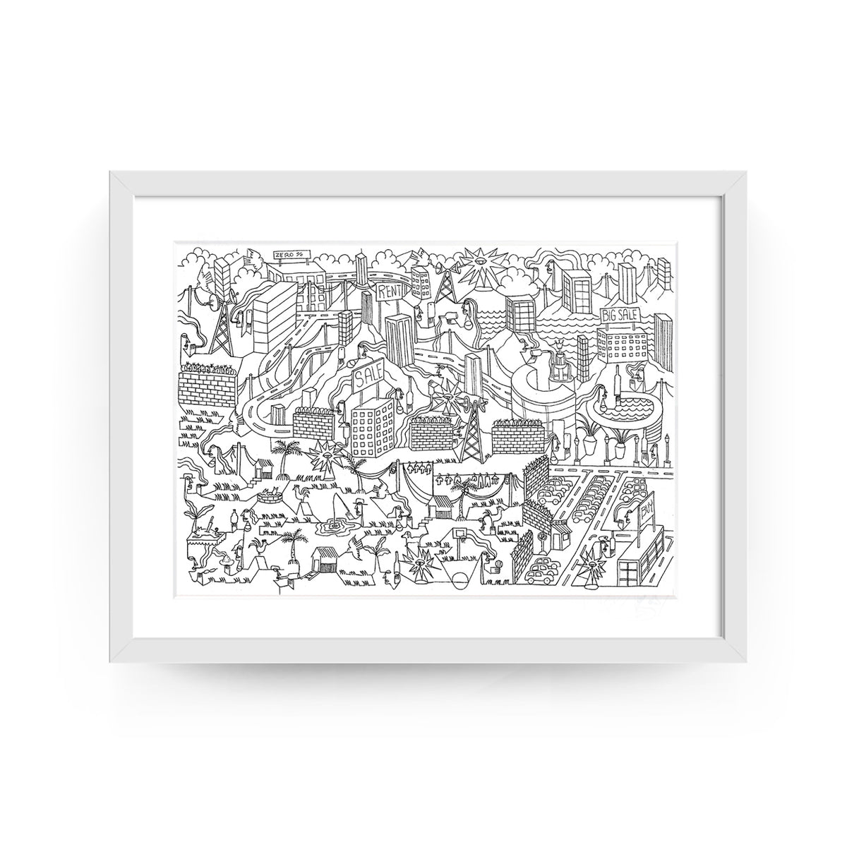 Original artwork by Dyck “Deadlocks”, Dumaguete City, Negros Oriental, Philippines, Filipino artist, ink drawing, line art, illustration, canvas, authentic artwork, abstract art, surreal art, geometric figures, human figures, mountains, houses, flowing water, birds, plants, vases, musical instrument, guitar, eye motifs, sunburst shapes, black and white artwork, intricate details, creative art, wall decor, gift, tourist art, Pinspired Art Gallery, Solo Art Show