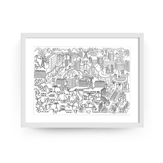 Original artwork by Dyck “Deadlocks”, Dumaguete City, Negros Oriental, Philippines, Filipino artist, ink drawing, line art, illustration, canvas, authentic artwork, abstract art, surreal art, geometric figures, human figures, mountains, houses, flowing water, birds, plants, vases, musical instrument, guitar, eye motifs, sunburst shapes, black and white artwork, intricate details, creative art, wall decor, gift, tourist art, Pinspired Art Gallery, Solo Art Show