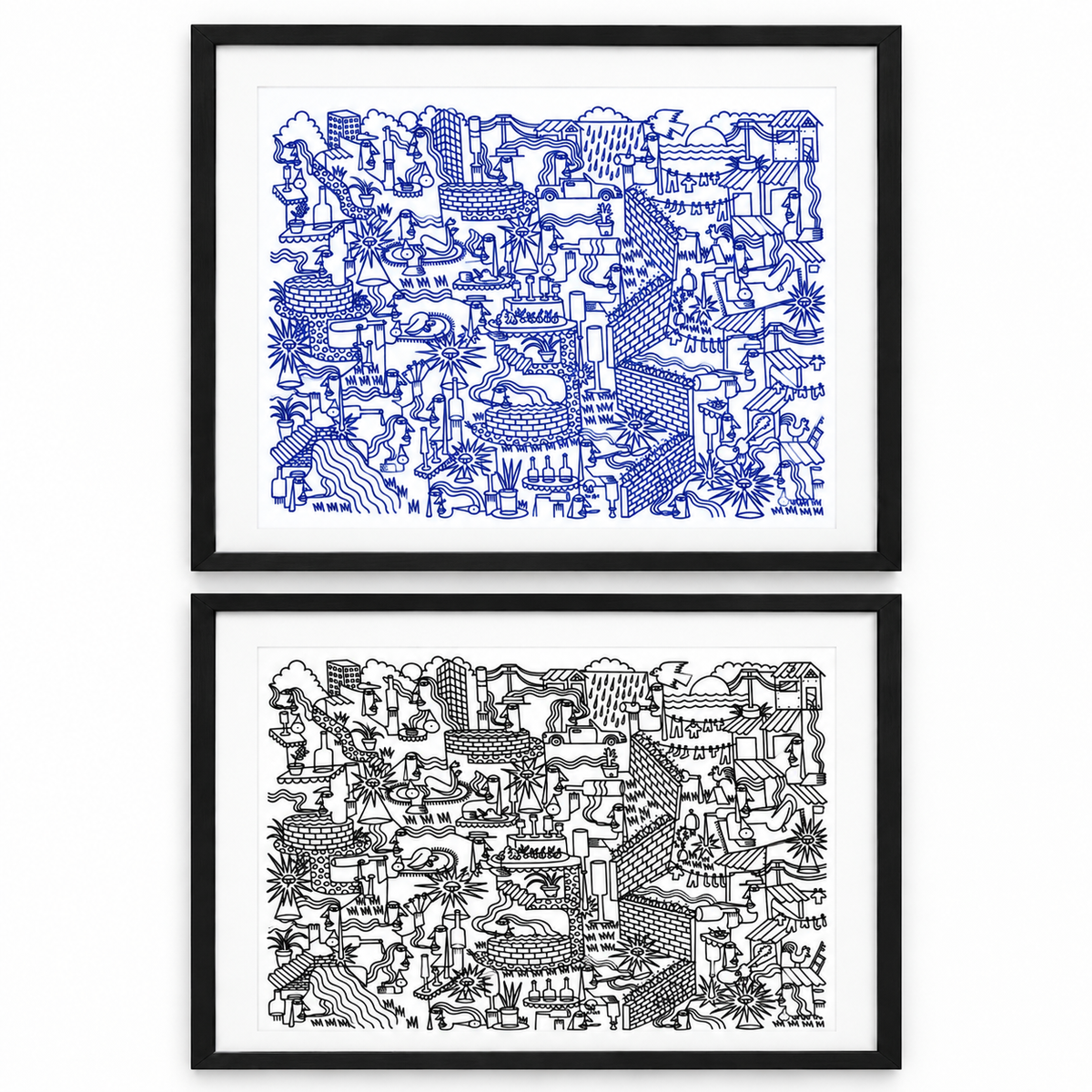 Original artwork by Dyck “Deadlocks”, Dumaguete City, Negros Oriental, Philippines, Filipino artist, ink drawing, line art, illustration, canvas, authentic artwork, abstract art, surreal art, geometric figures, human figures, mountains, houses, flowing water, birds, plants, vases, musical instrument, guitar, eye motifs, sunburst shapes, black and white artwork, intricate details, creative art, wall decor, gift, tourist art, Pinspired Art Gallery, Solo Art Show.