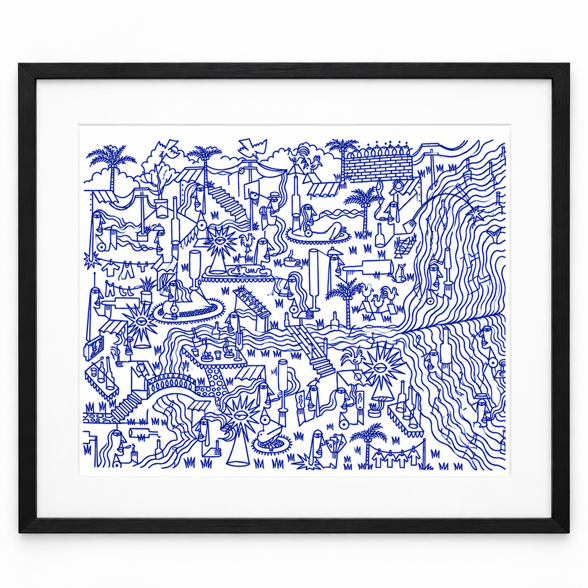 Original artwork by Dyck “Deadlocks”, Dumaguete City, Negros Oriental, Philippines, Filipino artist, ink drawing, line art, illustration, canvas, authentic artwork, abstract art, surreal art, geometric figures, human figures, mountains, houses, flowing water, birds, plants, vases, musical instrument, guitar, eye motifs, sunburst shapes, black and white artwork, intricate details, creative art, wall decor, gift, tourist art, Pinspired Art Gallery, Solo Art Show.