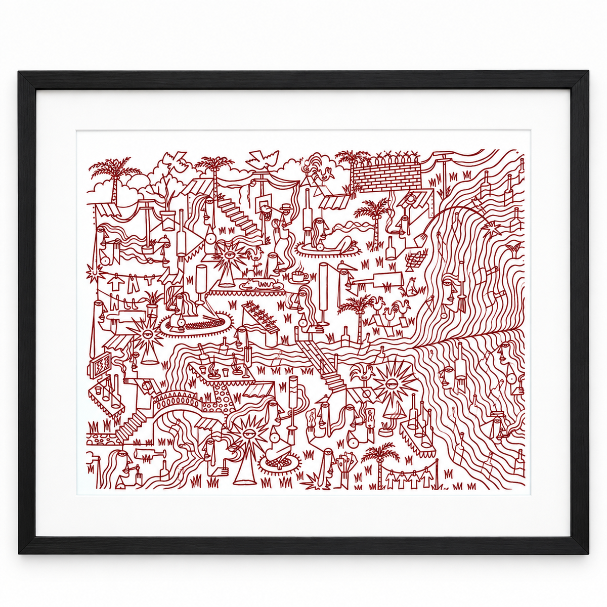 Original artwork by Dyck “Deadlocks”, Dumaguete City, Negros Oriental, Philippines, Filipino artist, ink drawing, line art, illustration, canvas, authentic artwork, abstract art, surreal art, geometric figures, human figures, mountains, houses, flowing water, birds, plants, vases, musical instrument, guitar, eye motifs, sunburst shapes, black and white artwork, intricate details, creative art, wall decor, gift, tourist art, Pinspired Art Gallery, Solo Art Show.