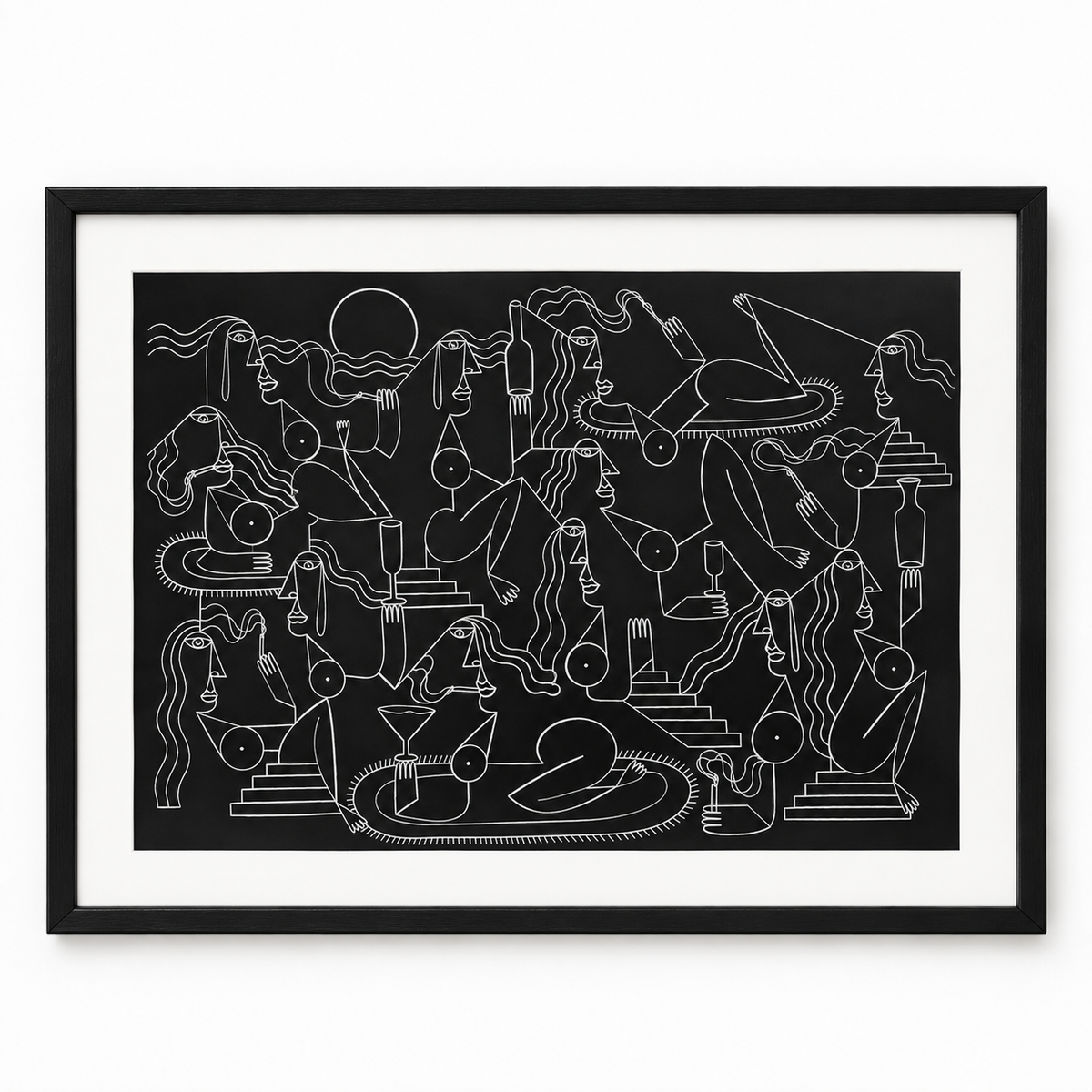 Original artwork by Dyck “Deadlocks”, Dumaguete City, Negros Oriental, Philippines, Filipino artist, ink drawing, line art, illustration, canvas, authentic artwork, abstract art, surreal art, geometric figures, human figures, mountains, houses, flowing water, birds, plants, vases, musical instrument, guitar, eye motifs, sunburst shapes, black and white artwork, intricate details, creative art, wall decor, gift, tourist art, Pinspired Art Gallery, Solo Art Show.
