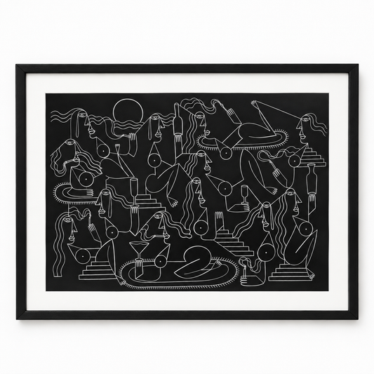 Original artwork by Dyck “Deadlocks”, Dumaguete City, Negros Oriental, Philippines, Filipino artist, ink drawing, line art, illustration, canvas, authentic artwork, abstract art, surreal art, geometric figures, human figures, mountains, houses, flowing water, birds, plants, vases, musical instrument, guitar, eye motifs, sunburst shapes, black and white artwork, intricate details, creative art, wall decor, gift, tourist art, Pinspired Art Gallery, Solo Art Show.
